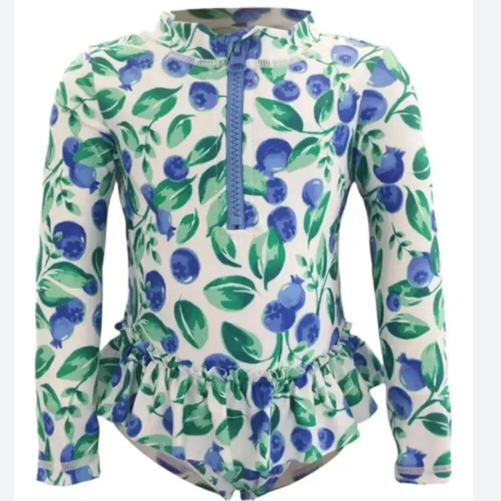 Tommy Bahama green blue long sleeve blueberry print one piece ruffle swim 12-18m